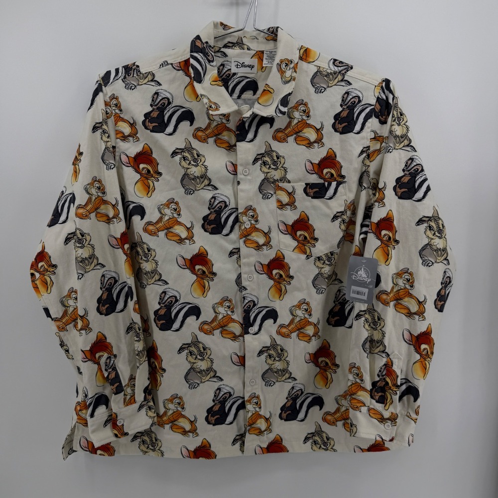 Disney Button Down Shirt Mens XXL Cream Bambi Thumper Character Print Cotton